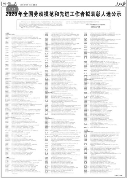 2020年全国劳动模范和先进工作者拟表彰人选公示