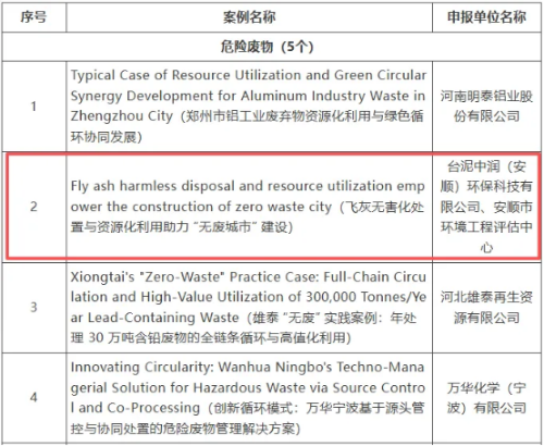 安顺市台资企业飞灰规范化处置与高值化利用入选591